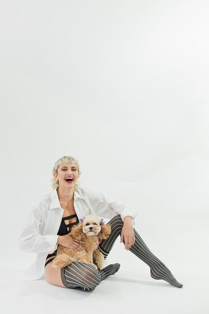 Annabelle: All Work, All Play Pinstripe Thigh Highs. Petite to Plus Size