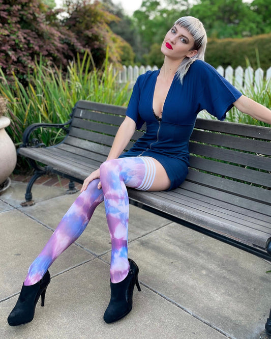 Madisen: Blue and Purple Tie Dye Thigh Highs. Petite to Plus Size