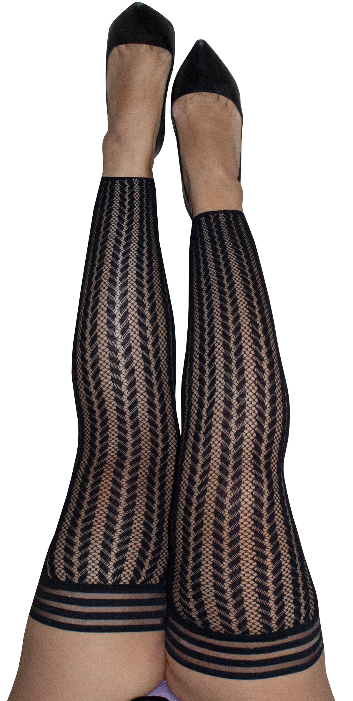 Lindsay: Foot Loose & Fancy Free, Footless Black Stripe Fishnet Thigh Highs. Petite to Plus Size