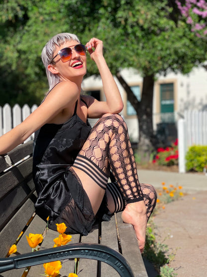 Jo: Footless Black Circle Fishnet Thigh Highs. Petite to Plus Size