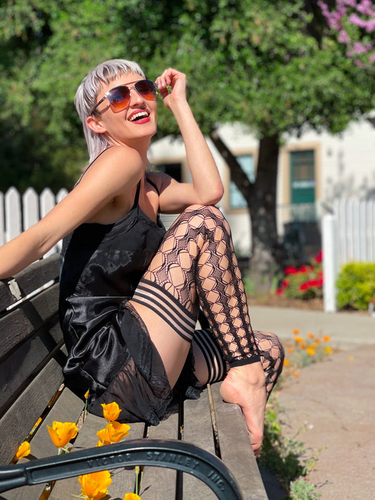 Jo: Footless Black Circle Fishnet Thigh Highs. Petite to Plus Size