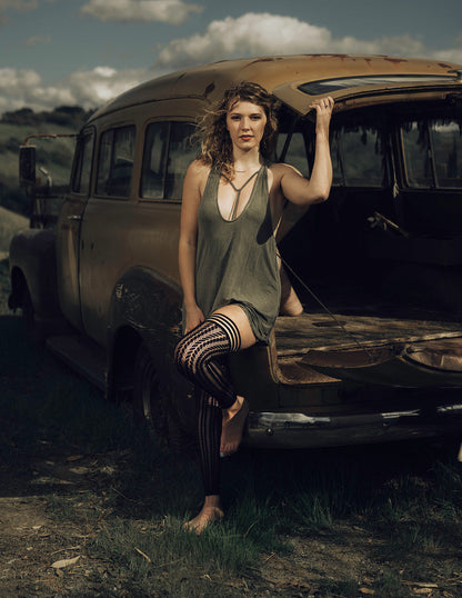 Lindsay: Foot Loose & Fancy Free, Footless Black Stripe Fishnet Thigh Highs. Petite to Plus Size